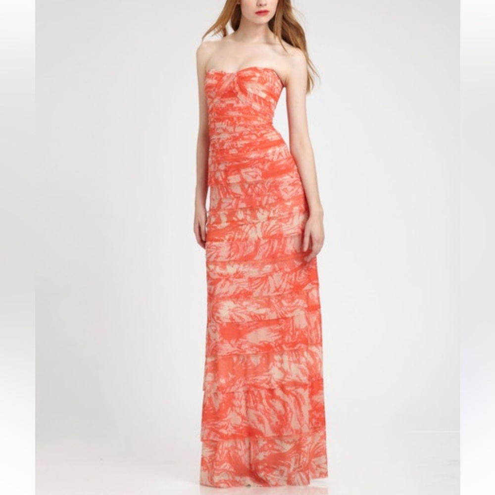 BCBGMaxAzria Strapless Coral and Ivory Print Gown